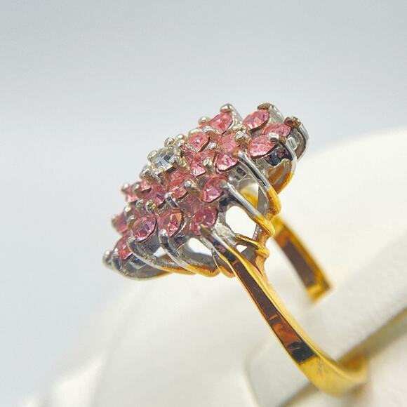 Gold and Silver Tone Ring Pink Clear Glass Cubic Zirconia Cocktail Unmarked SZ 7 - Picture 6 of 13